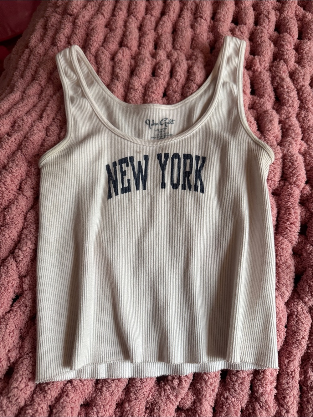 Brandy Melville Cream Ribbed Tank with Navy "NEW YORK" Print